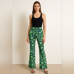 🌿 ZARA Neon Green Floral Wide Leg Pants – Size Large